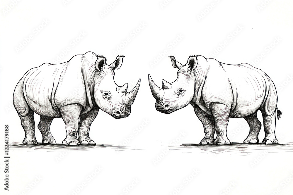 Obraz premium Two rhinos, one with a rhino's head and the other with a rhino's hindquarters, standing close to each other in a grassy field.