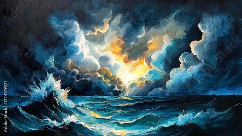 Dramatic Ocean Scene with Turbulent Waves and Vibrant Sky Colors