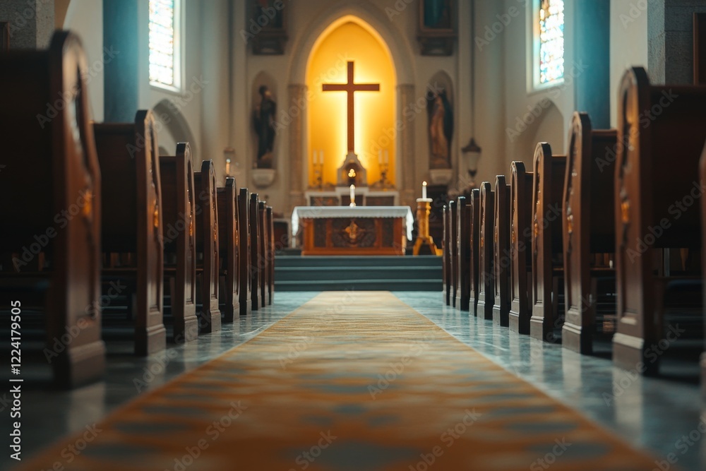 Fototapeta premium interior of empty beautiful church with cross and wooden pews 
