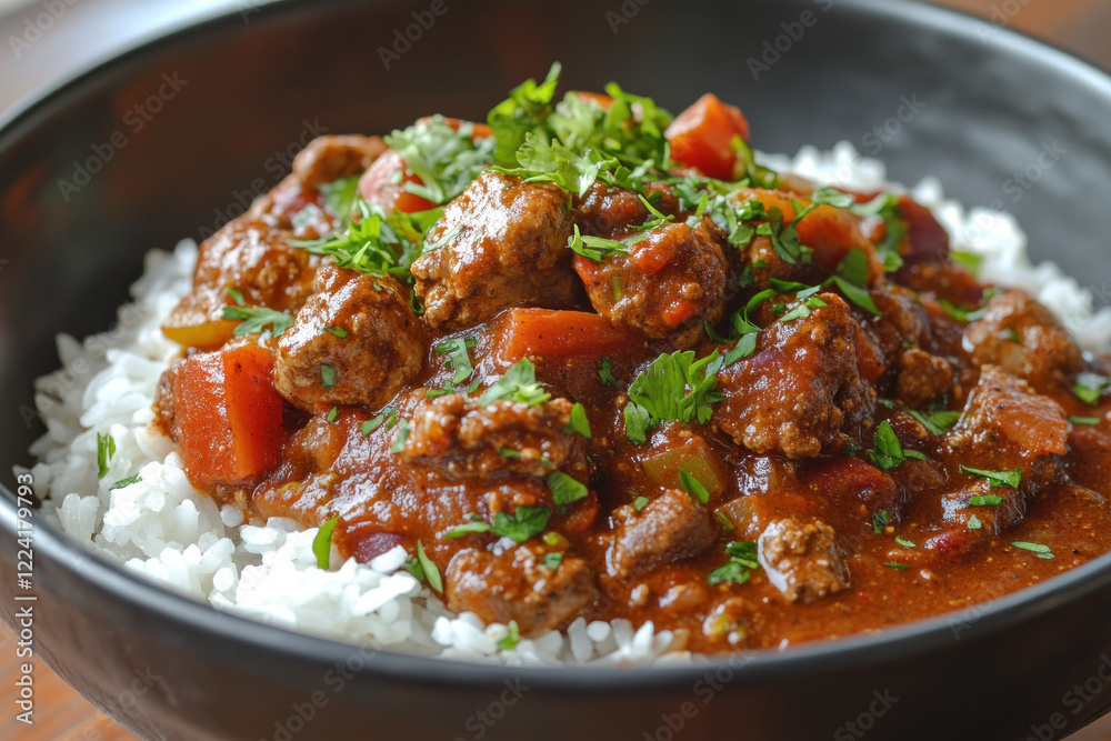 Bowl of beef and tomato stew served with rice.