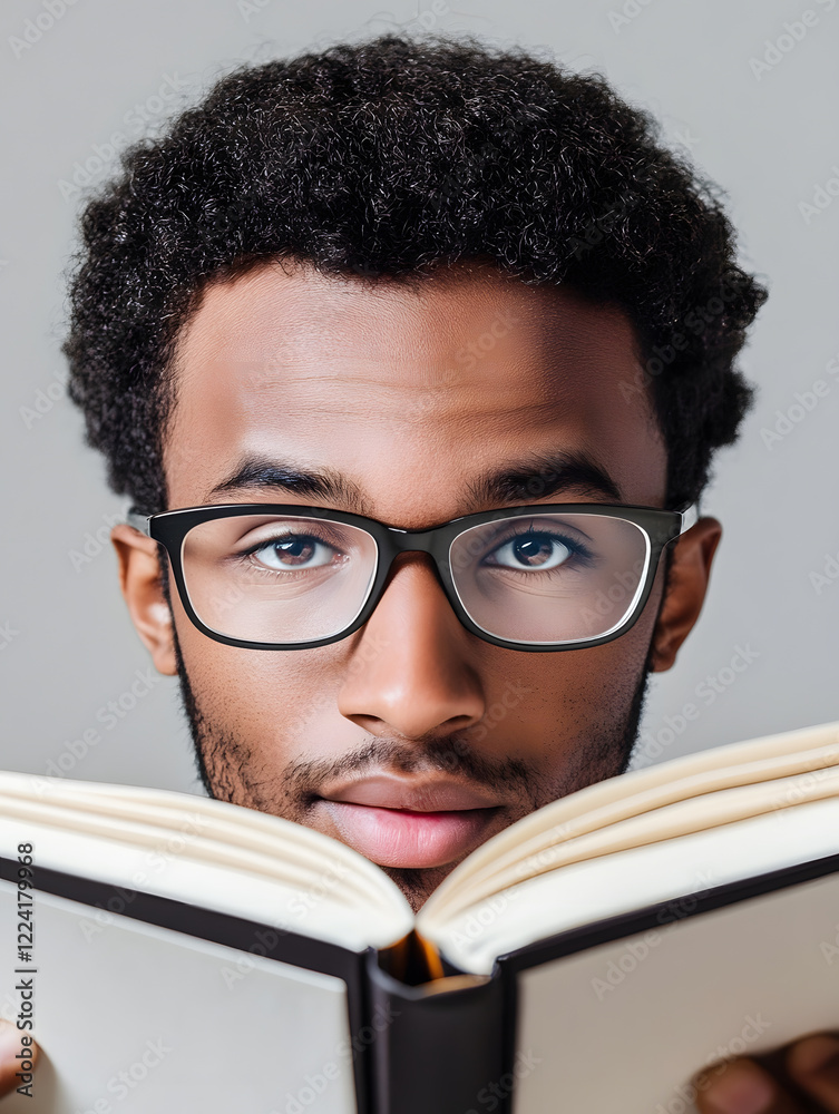 Focused Young Man With Glasses Engrossed in Reading a Book Close Up : Generative AI Focused Young Man With Glasses Engrossed in Reading a Book Close Up : Generative AI