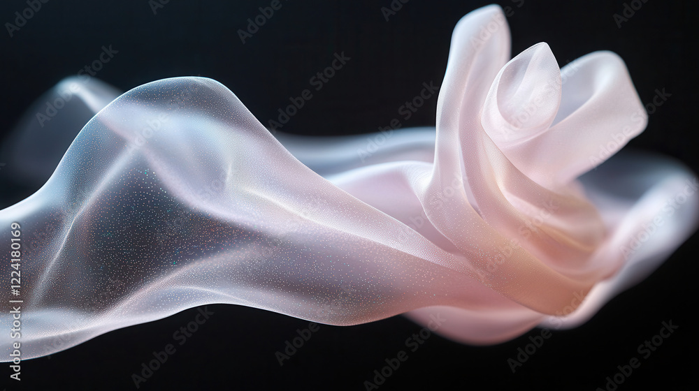 Fototapeta premium Soft pink fabric flowing gracefully in air, creating serene atmosphere. delicate texture and gentle curves evoke sense of calm and elegance