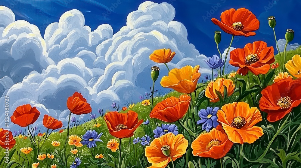 Obraz premium Vibrant Field of Colorful Poppies Under a Blue Sky with Clouds