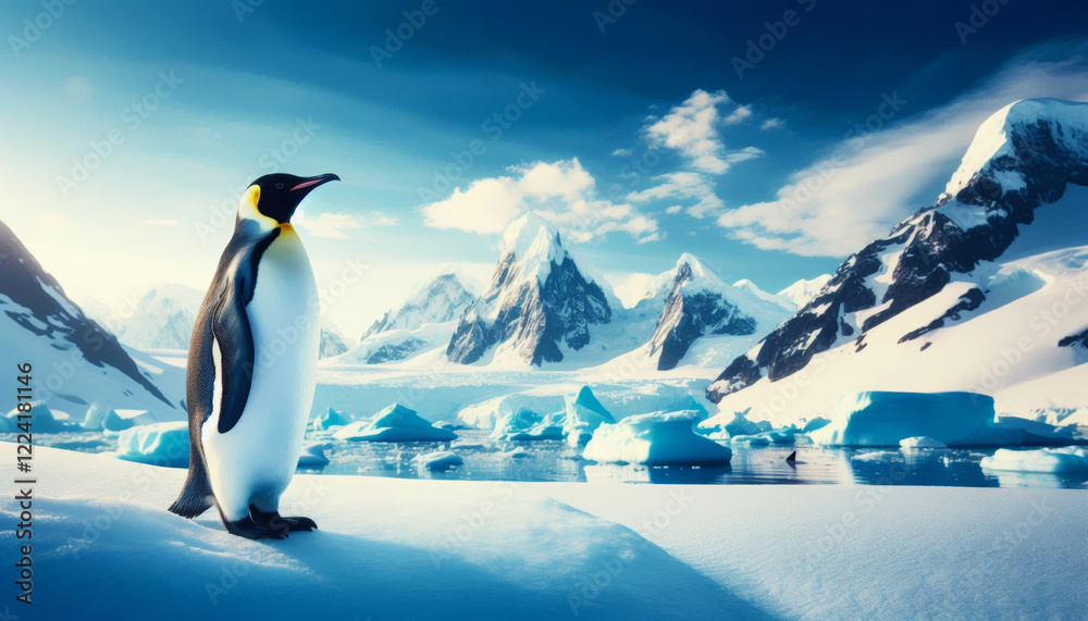Fototapeta premium A graceful penguin stands on an ice sheet in Antarctica surrounded by beautiful scenery under a clear blue sky.