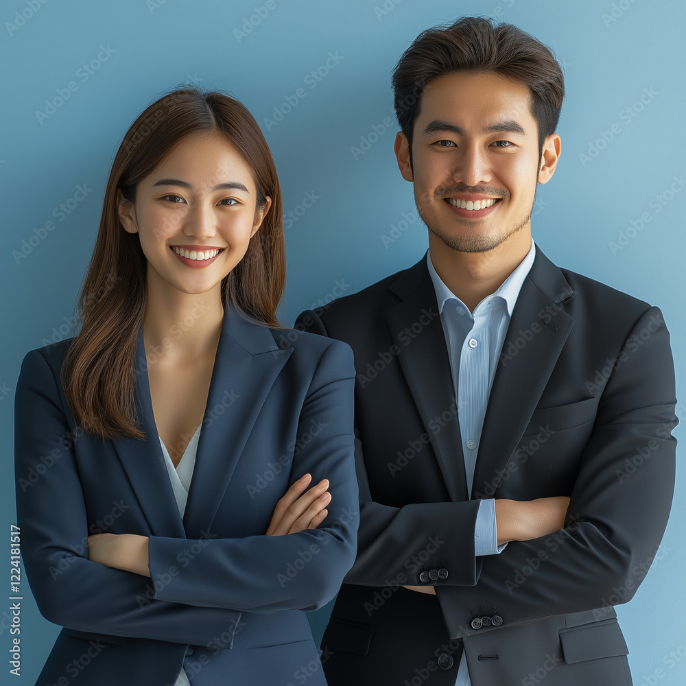 Young smiling leader man and asian confident woman standing arms crossed Two diverse colleagues group team of confident professional business people Young smiling leader man and asian confident woman standing arms crossed Two diverse colleagues group team of confident professional business people