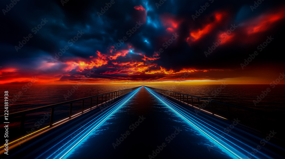 Obraz premium Glowing Bridge Across an Ocean Under Neon Sky