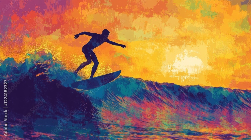 Vibrant Silhouette of a Surfer Riding a Wave Against a Colorful Sunset Sky in a Dynamic Ocean Scene Vibrant Silhouette of a Surfer Riding a Wave Against a Colorful Sunset Sky in a Dynamic Ocean Scene