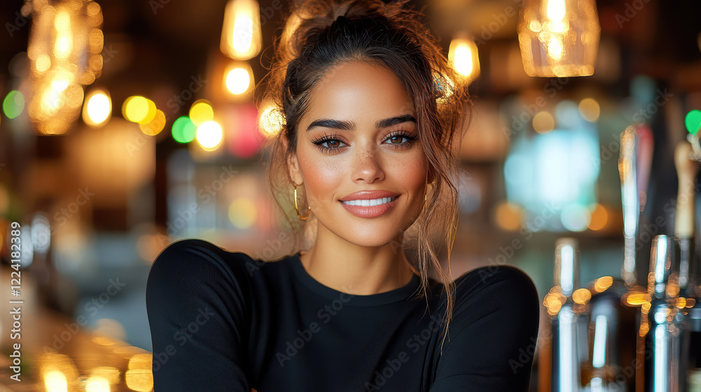 confident woman with bold makeup smiling in stylish bar setting confident woman with bold makeup smiling in stylish bar setting