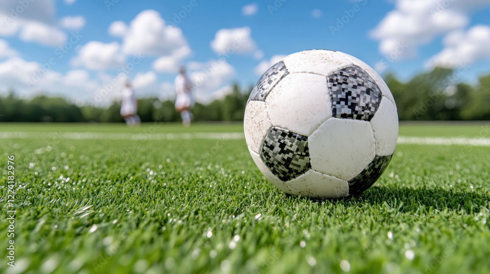 Fototapeta premium soccer ball resting on green field under blue sky with clouds
