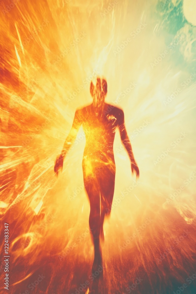 Dynamic Silhouette of a Fiery Figure in Motion Against a Vibrant, Energetic Background Dynamic Silhouette of a Fiery Figure in Motion Against a Vibrant, Energetic Background