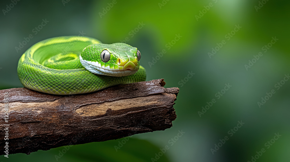 vibrant green snake coiled around branch in lush environment vibrant green snake coiled around branch in lush environment