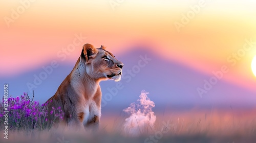 Majestic Lioness at Sunset in the African Savanna photo