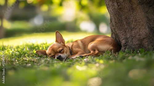 Brown Chihuahua sleeping under a big tree in a park photo