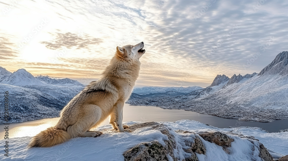 Obraz premium wolf howling atop snowy mountain peak during twilight, expressing wild beauty