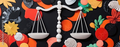 A balanced scale surrounded by vibrant, colorful shapes represents justice and fairness in a creative, artistic context.