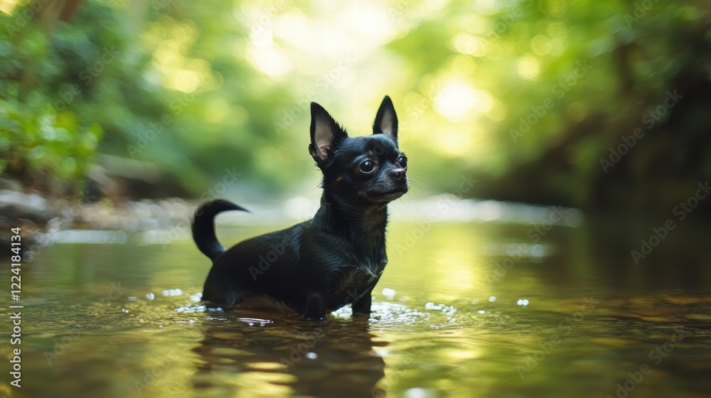 Black Chihuahua playing in a clear stream, green forest in the background