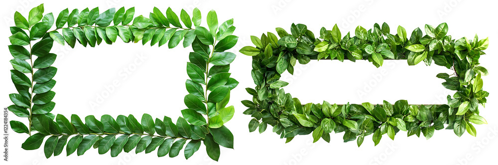 Naklejka premium Set of a frame made of green leaves, isolated on a transparent background.
