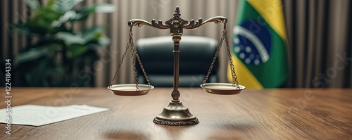 A detailed image showing a balance scale on a desk, symbolizing justice, with a Brazilian flag in the background, signifying legal authority.