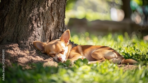 Brown Chihuahua sleeping under a big tree in a park photo