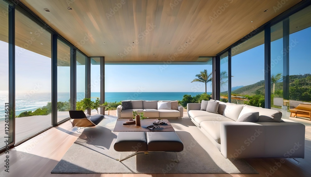 Fototapeta premium Modern oceanfront home with a sleek interior. Floor-to-ceiling windows showcase panoramic coastal views, blending luxurious living with natural beauty. Contemporary furniture complements the clean