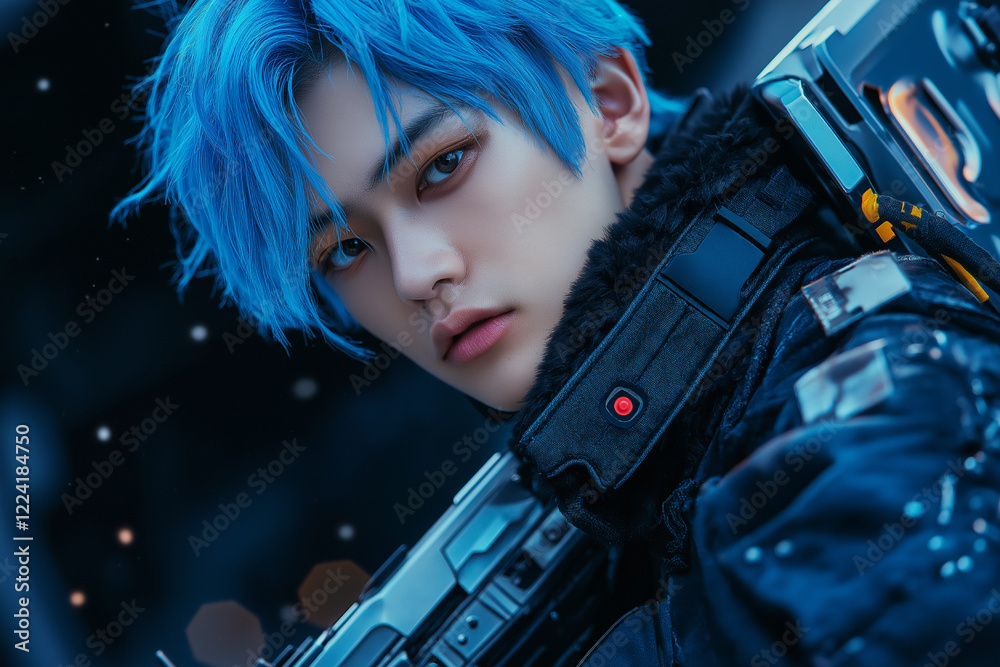 A handsome futuristic cyberpunk man embodies the gritty, high-tech aesthetics of a dystopian world. A handsome futuristic cyberpunk man embodies the gritty, high-tech aesthetics of a dystopian world.