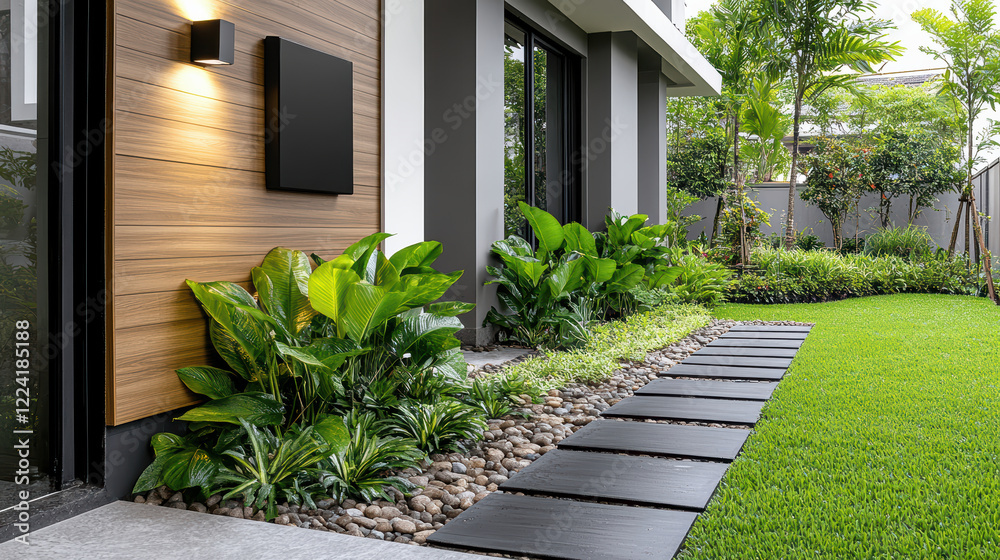 Fototapeta premium Modern garden design with lush greenery and stone pathway