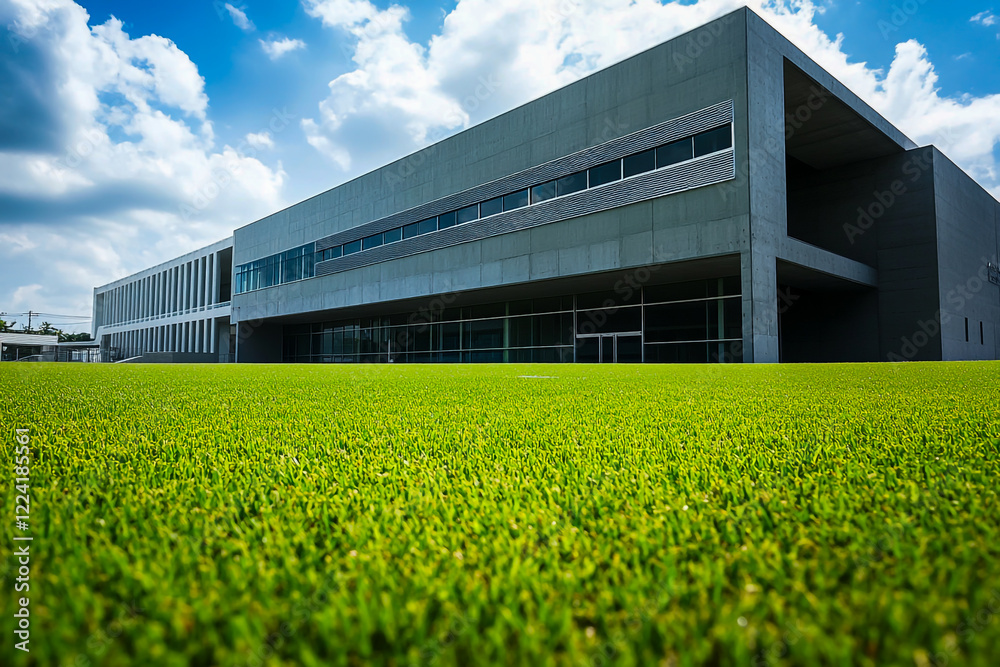 Obraz premium A panoramic view of a contemporary brick high school building surrounded by green grass fields.