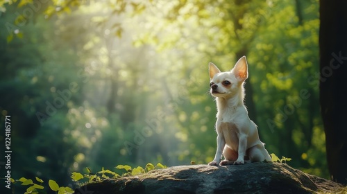 White Chihuahua sitting on a rock in the forest, green trees, sunlight through the leaves