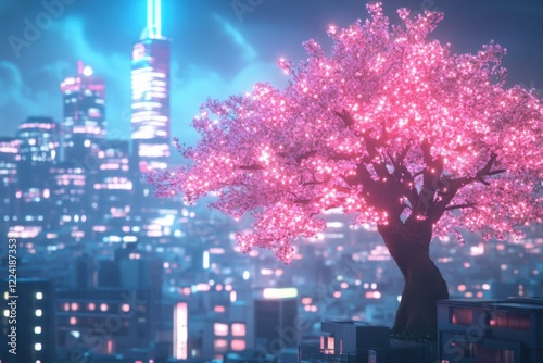 Fantasy Japanese Night Cityscape with Neon Pink Lights and Sakura Tree / 3D illustration Of  City at Night.