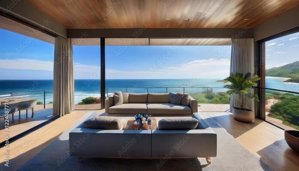 Fototapeta premium Modern oceanfront home with a sleek interior. Floor-to-ceiling windows showcase panoramic coastal views, blending luxurious living with natural beauty. Contemporary furniture complements the clean