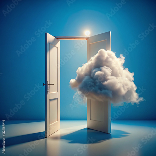 3d render, white fluffy cloud going through, flying out the open door, objects isolated on blue background. Modern minimal concept. Surreal dream scene. Abstract door to haven, Generative AI  photo