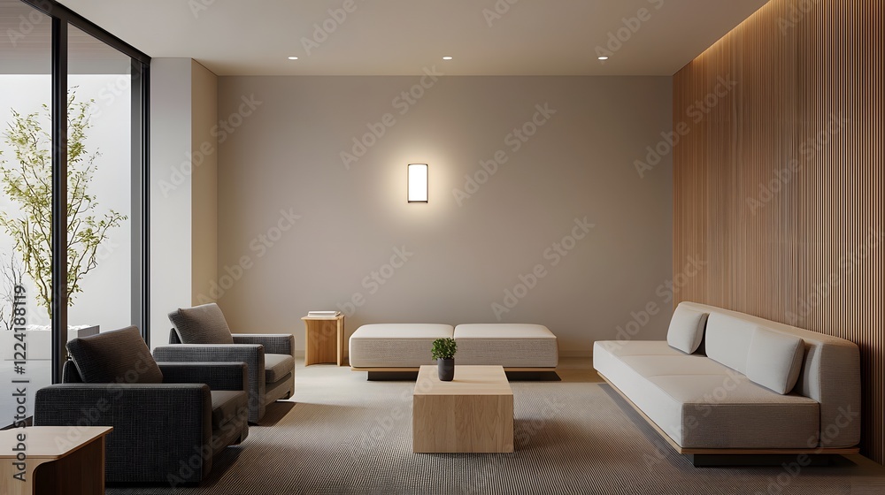 Fototapeta premium Minimalist Hotel Lounge with Clean Lines and Neutral Tones for Modern Relaxation and Comfort