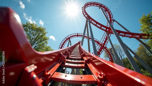 Low angle view of roller coaster tracks photo