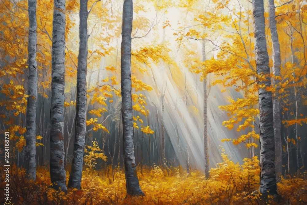 A tranquil autumn forest with rays of sunlight filtering through trees, emphasizing golden yellow foliage. A tranquil autumn forest with rays of sunlight filtering through trees, emphasizing golden yellow foliage.