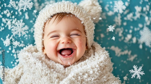 Happy baby wearing a warm white knitted hat laughs joyfully while lying down surrounded by falling snowflakes on a blue background.