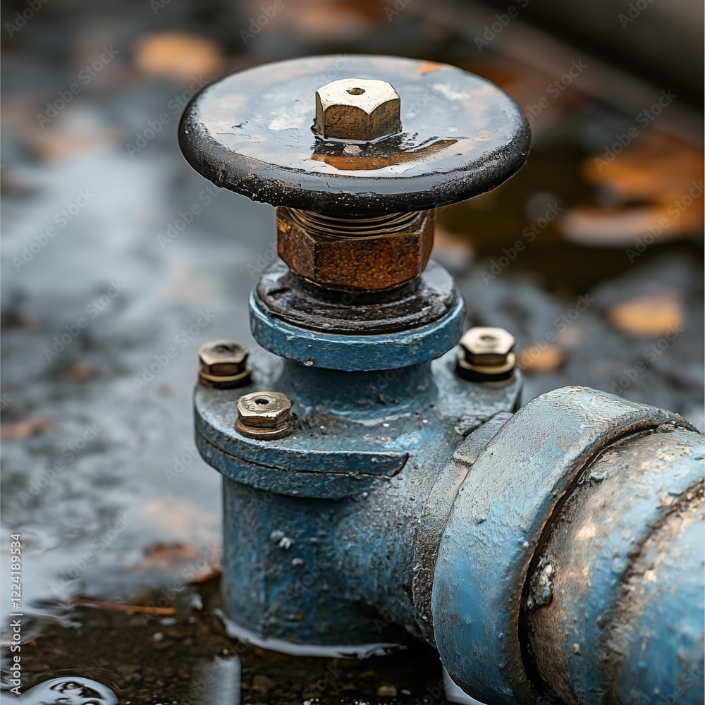 Blue valve with rust and water droplets on pipe. Blue valve with rust and water droplets on pipe.