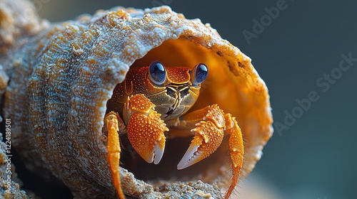 Tiny crab in shell, ocean floor background, wildlife macro shot photo