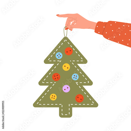 Felt Christmas Tree. Female hand holding Christmas tree from fabric, green threads, jute. Alternative Holiday decorations. Vector illustration in flat cartoon style.