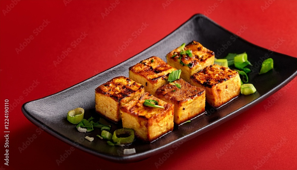 Grilled paneer cubes on red background Grilled paneer cubes on red background