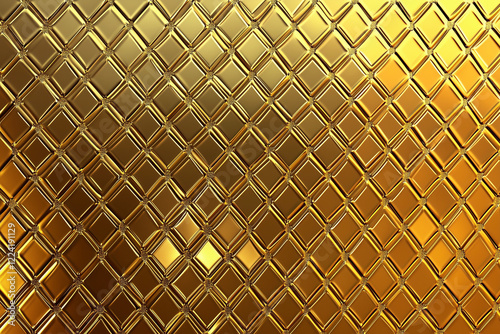 gold patterned background with squares of different sizes. The squares are all gold and are arranged in a way that creates a sense of depth and texture. Scene is luxurious and elegant photo