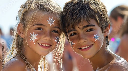 A scene of kids painting stars and stripes on their faces at a 4th of July festival, ultra-realistic, photo-realistic, highly detailed,  photo