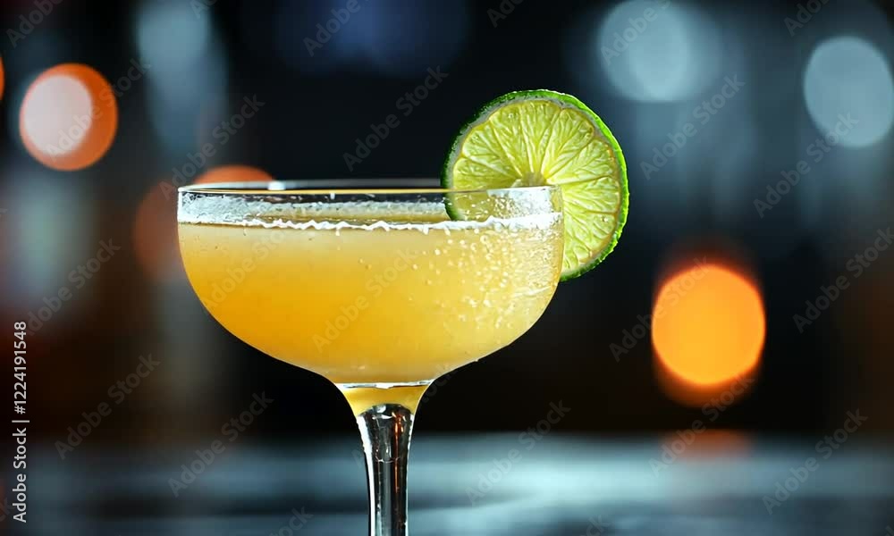Refreshing cocktail with lime garnish served on a bar counter with blurred lights in the background