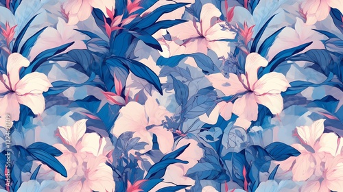Seamless repeating floral pattern in vibrant blue and pink tones for an elegant design backdrop