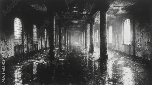 Flooded, fire-damaged hall; urban decay; somber mood; architectural photography photo