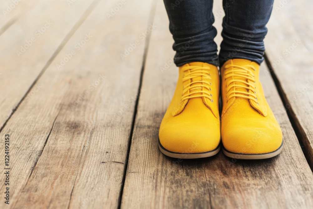 A woman in yellow shoes stands on a wooden floor A woman in yellow shoes stands on a wooden floor