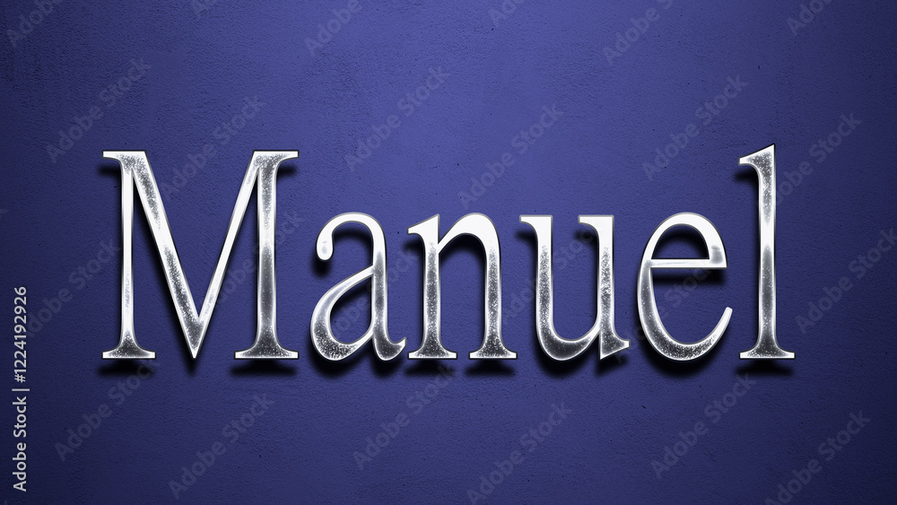 3D Chrome name design of Spanish name Manuel on blue Background. 3D Chrome name design of Spanish name Manuel on blue Background.