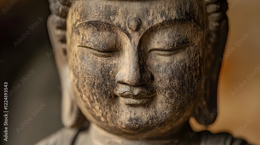 Close-Up of Stone Buddha Face Featuring Calm and Peaceful Expression : Generative AI