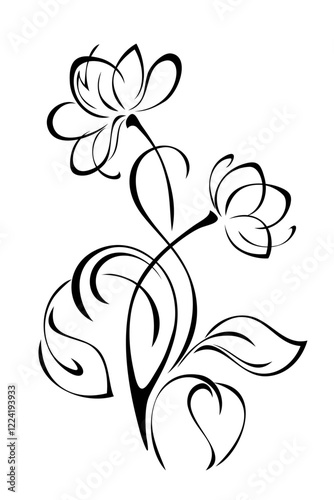 stylized curved twig with flowers, leaves and curls; graphic decor