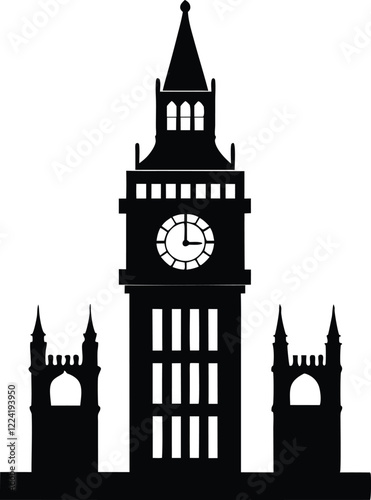 Big ben clock tower silhouette, clock tower black vector illustration