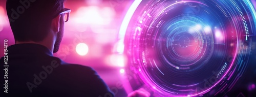 A person stands before a glowing, futuristic interface, surrounded by vibrant colors, suggesting a blend of technology and innovation.